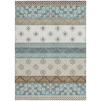 5' X 8' Teal Blue And Beige Striped Washable Indoor Outdoor Area Rug HomeRoots