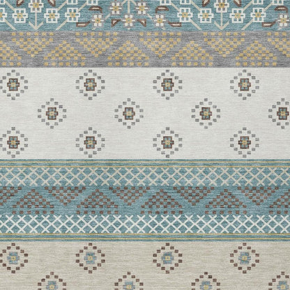 5' X 8' Teal Blue And Beige Striped Washable Indoor Outdoor Area Rug HomeRoots