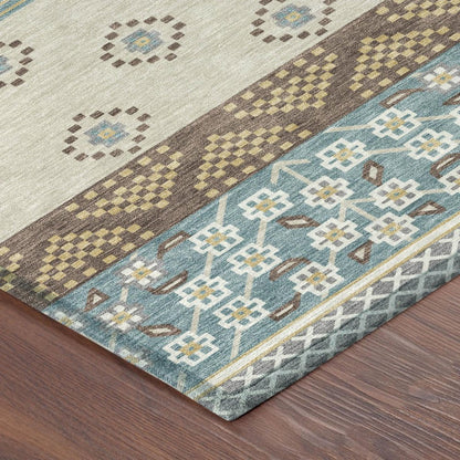 5' X 8' Teal Blue And Beige Striped Washable Indoor Outdoor Area Rug HomeRoots