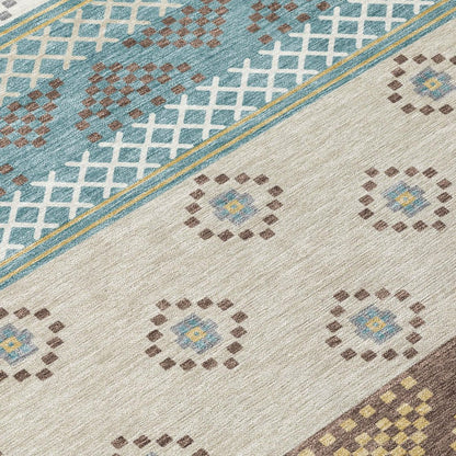 5' X 8' Teal Blue And Beige Striped Washable Indoor Outdoor Area Rug HomeRoots