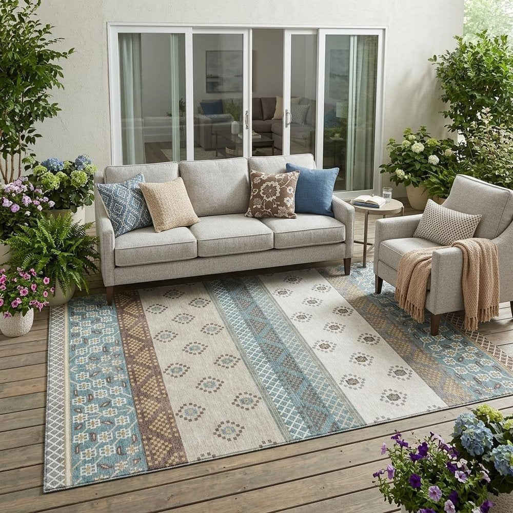 5' X 8' Teal Blue And Beige Striped Washable Indoor Outdoor Area Rug — view 7