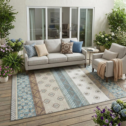5' X 8' Teal Blue And Beige Striped Washable Indoor Outdoor Area Rug HomeRoots