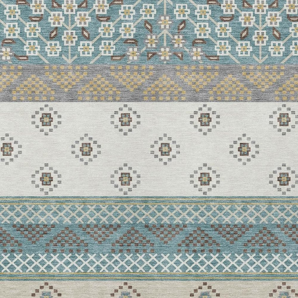 9' X 12' Teal Blue And Beige Striped Washable Indoor Outdoor Area Rug HomeRoots