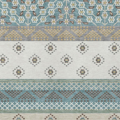 9' X 12' Teal Blue And Beige Striped Washable Indoor Outdoor Area Rug HomeRoots