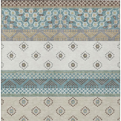 9' X 12' Teal Blue And Beige Striped Washable Indoor Outdoor Area Rug HomeRoots