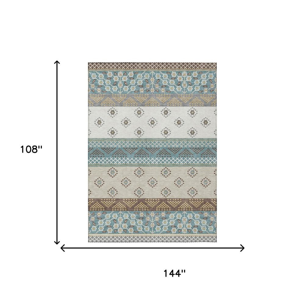 9' X 12' Teal Blue And Beige Striped Washable Indoor Outdoor Area Rug HomeRoots