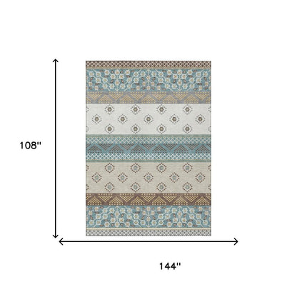9' X 12' Teal Blue And Beige Striped Washable Indoor Outdoor Area Rug HomeRoots