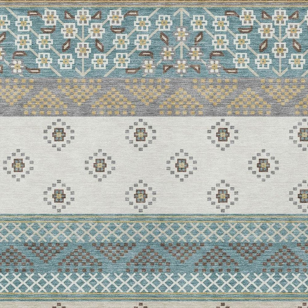 9' X 12' Teal Blue And Beige Striped Washable Indoor Outdoor Area Rug — view 8