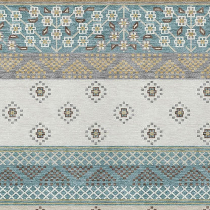 9' X 12' Teal Blue And Beige Striped Washable Indoor Outdoor Area Rug HomeRoots