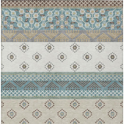 9' X 12' Teal Blue And Beige Striped Washable Indoor Outdoor Area Rug HomeRoots