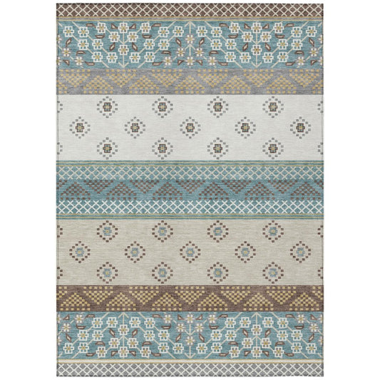 9' X 12' Teal Blue And Beige Striped Washable Indoor Outdoor Area Rug