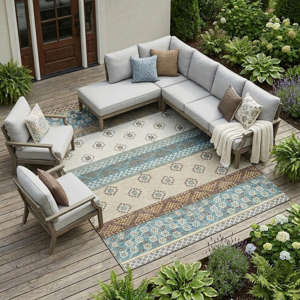 9' X 12' Teal Blue And Beige Striped Washable Indoor Outdoor Area Rug — view 7