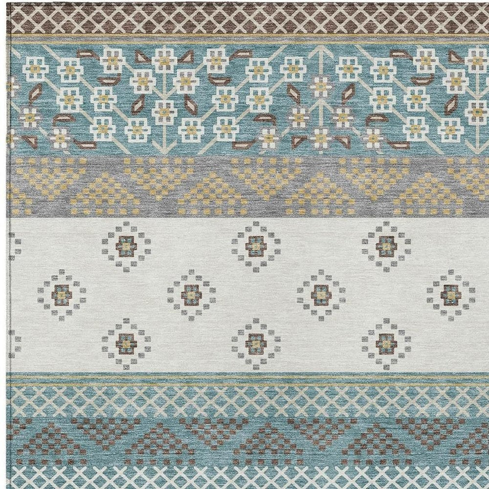 10' X 14' Teal Blue And Beige Striped Washable Indoor Outdoor Area Rug — view 4
