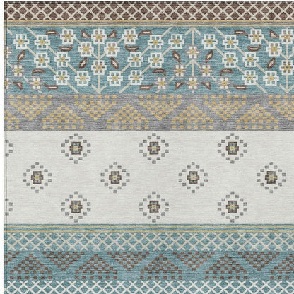 10' X 14' Teal Blue And Beige Striped Washable Indoor Outdoor Area Rug HomeRoots