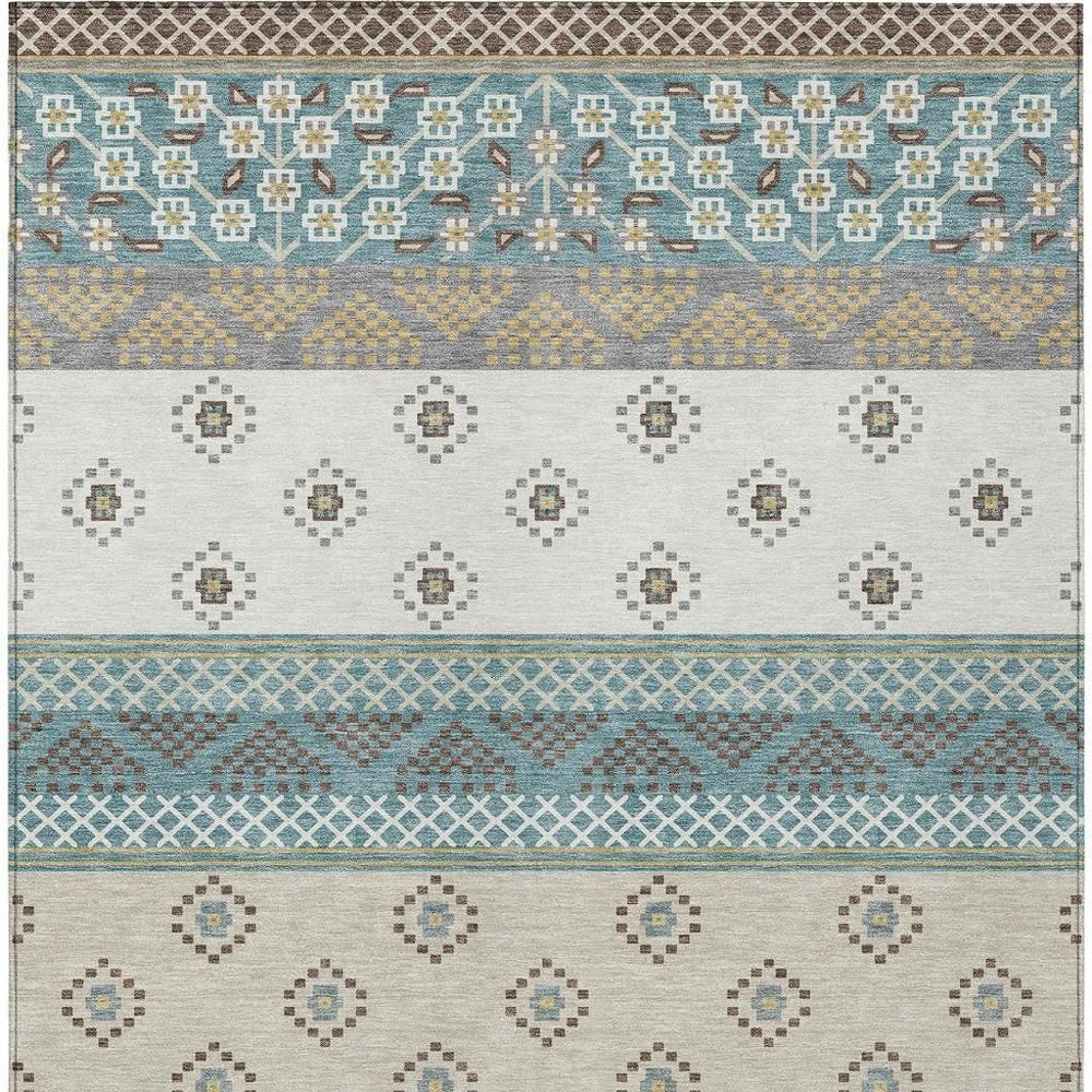 10' X 14' Teal Blue And Beige Striped Washable Indoor Outdoor Area Rug — view 5