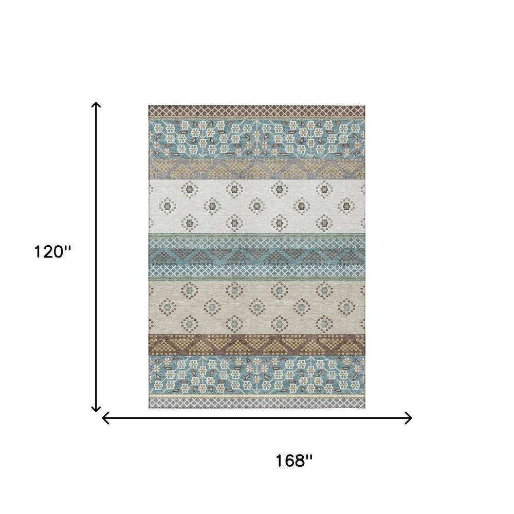 10' X 14' Teal Blue And Beige Striped Washable Indoor Outdoor Area Rug — view 6