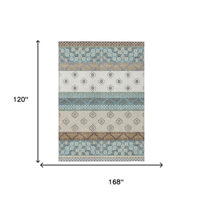 10' X 14' Teal Blue And Beige Striped Washable Indoor Outdoor Area Rug HomeRoots