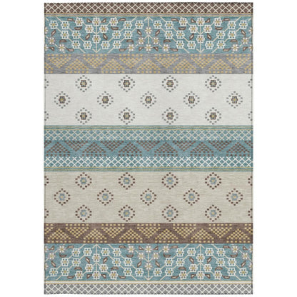 10' X 14' Teal Blue And Beige Striped Washable Indoor Outdoor Area Rug HomeRoots