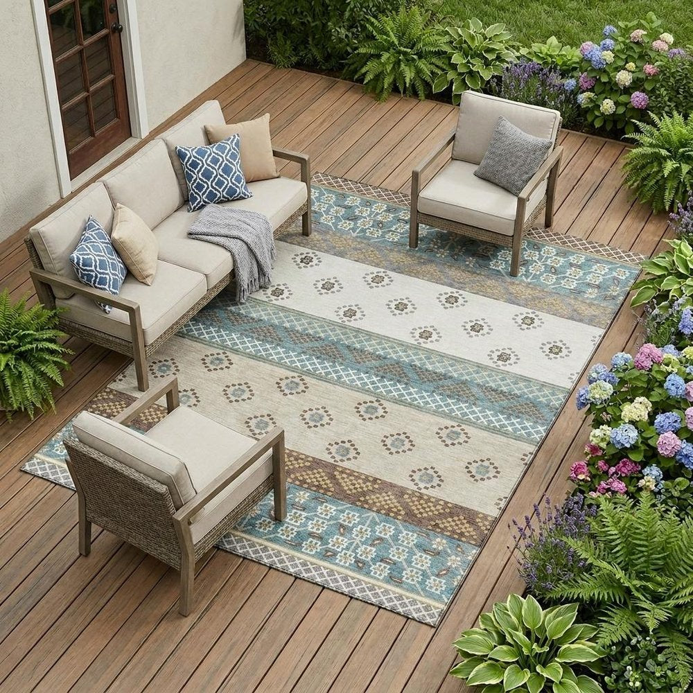 10' X 14' Teal Blue And Beige Striped Washable Indoor Outdoor Area Rug HomeRoots