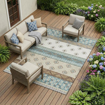 10' X 14' Teal Blue And Beige Striped Washable Indoor Outdoor Area Rug HomeRoots