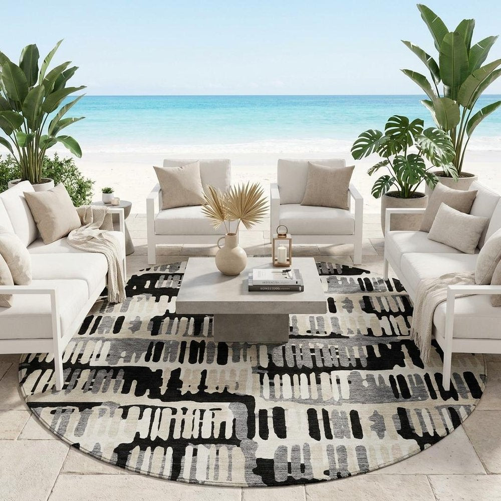 8' Black And Taupe Round Abstract Washable Indoor Outdoor Area Rug HomeRoots