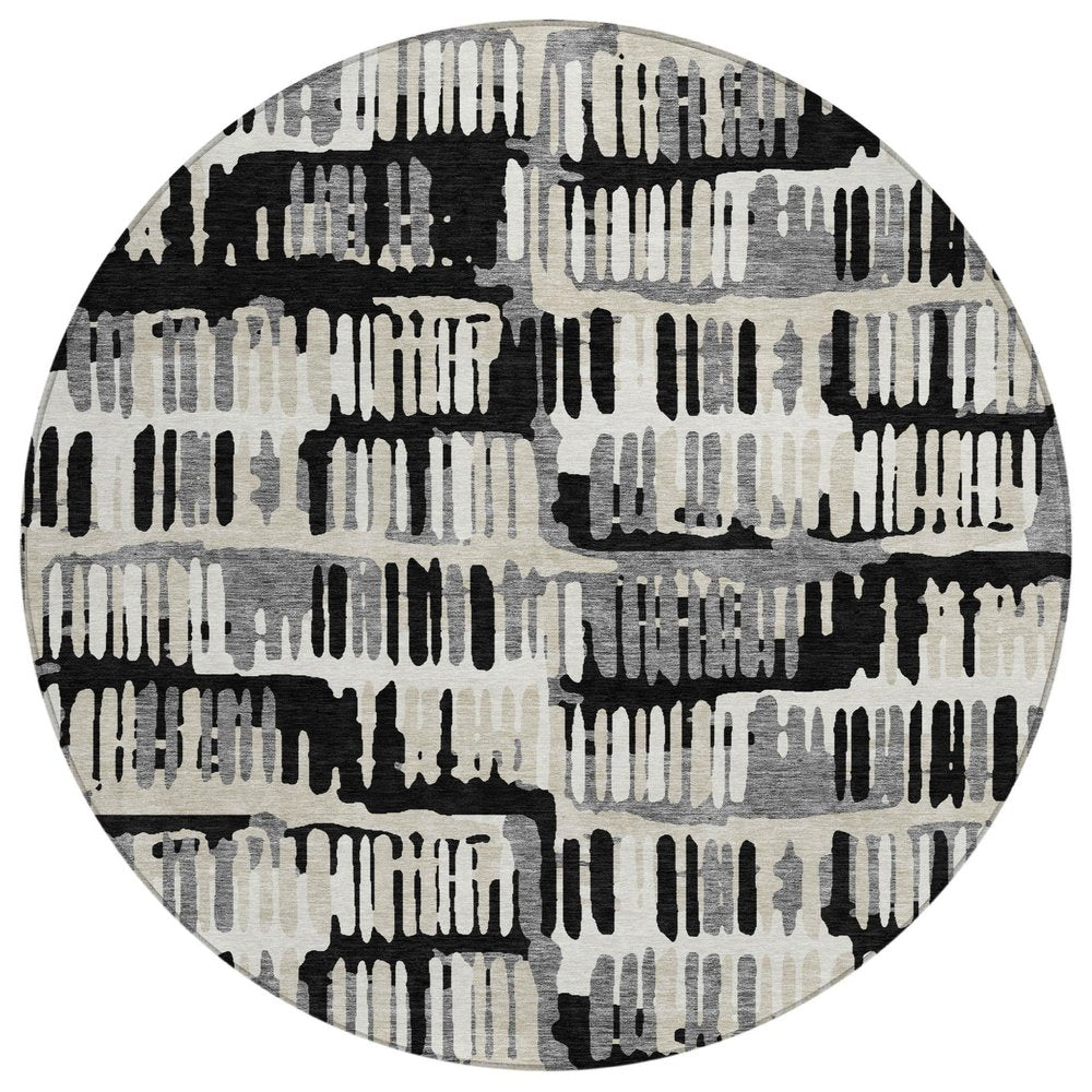8' Black And Taupe Round Abstract Washable Indoor Outdoor Area Rug