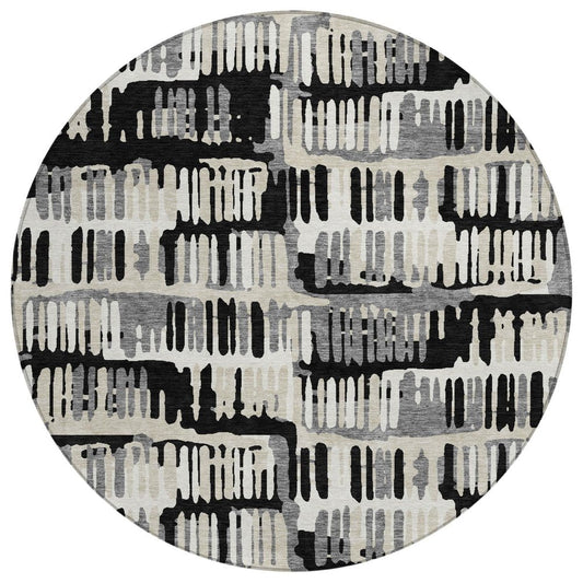 8' Black And Taupe Round Abstract Washable Indoor Outdoor Area Rug
