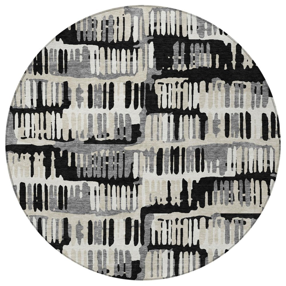 8' Black And Taupe Round Abstract Washable Indoor Outdoor Area Rug HomeRoots