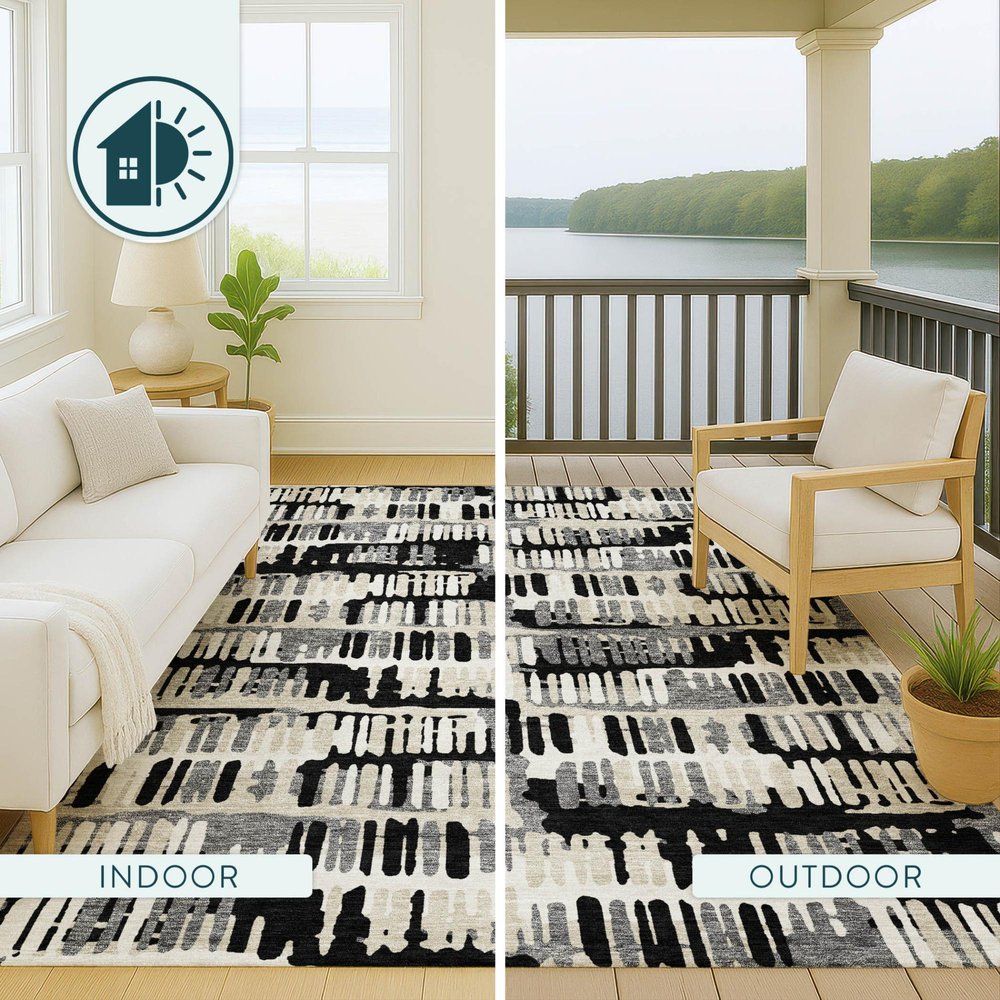 9' X 12' Black And Taupe Abstract Washable Indoor Outdoor Area Rug — view 12