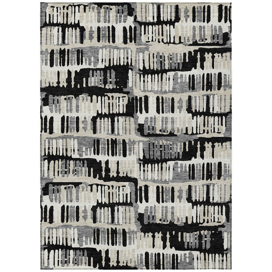 9' X 12' Black And Taupe Abstract Washable Indoor Outdoor Area Rug