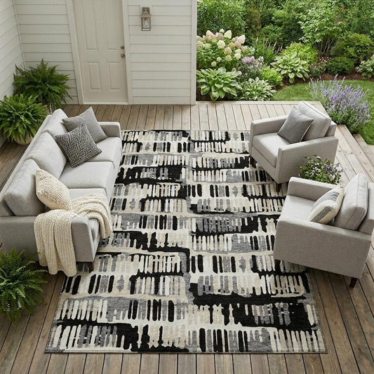 9' X 12' Black And Taupe Abstract Washable Indoor Outdoor Area Rug