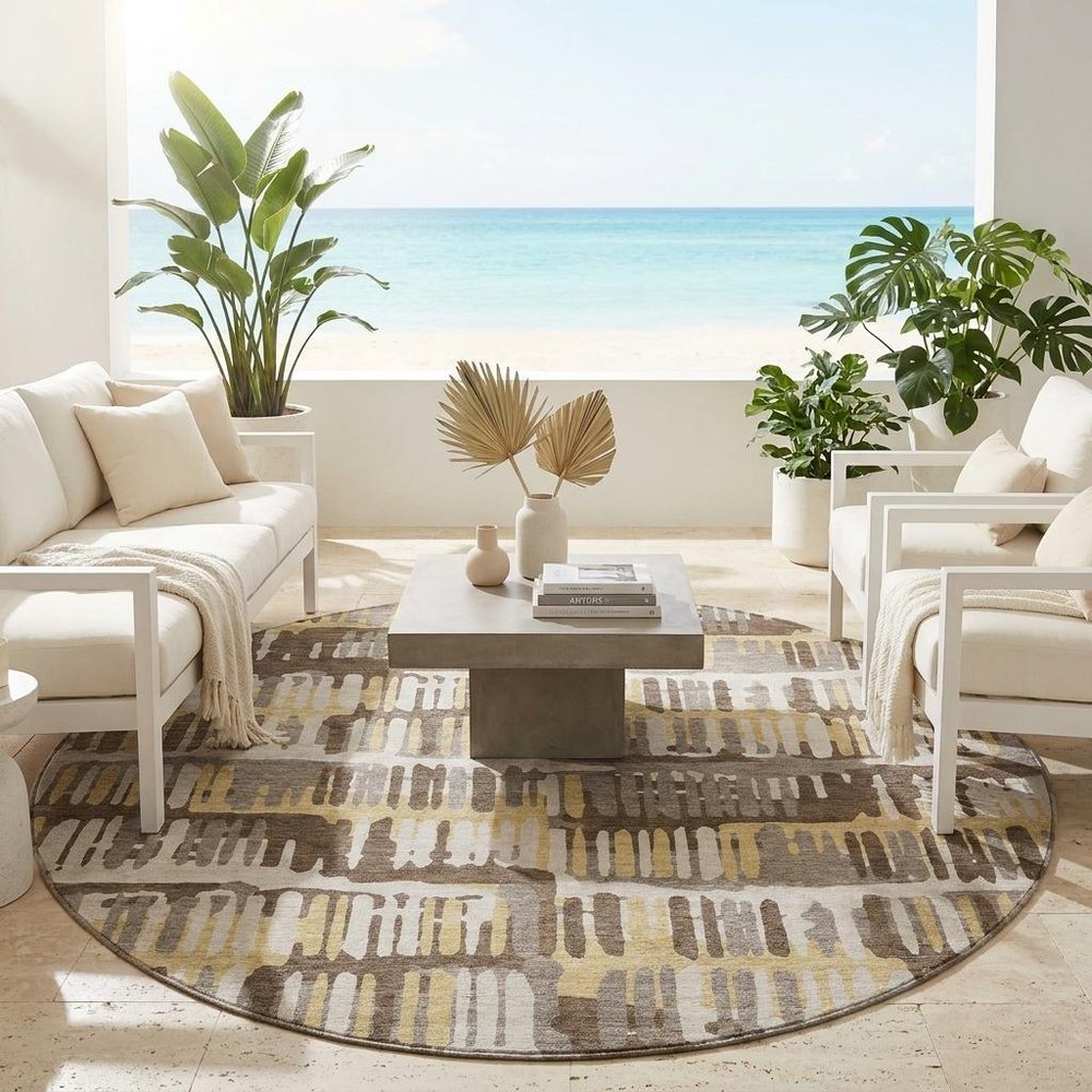 8' Chocolate And Ivory Round Abstract Washable Indoor Outdoor Area Rug HomeRoots