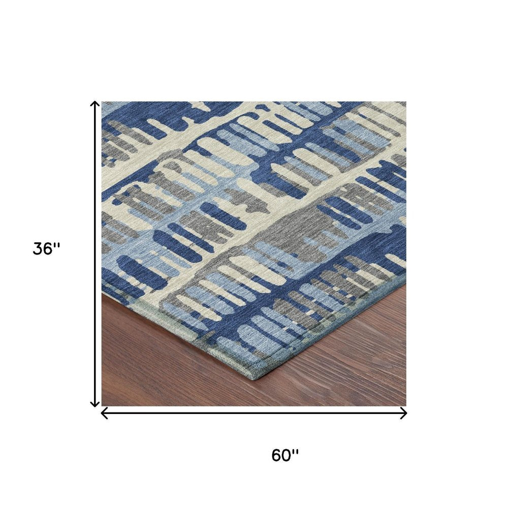 3' X 5' Navy Blue And Gray Abstract Washable Indoor Outdoor Area Rug — view 6