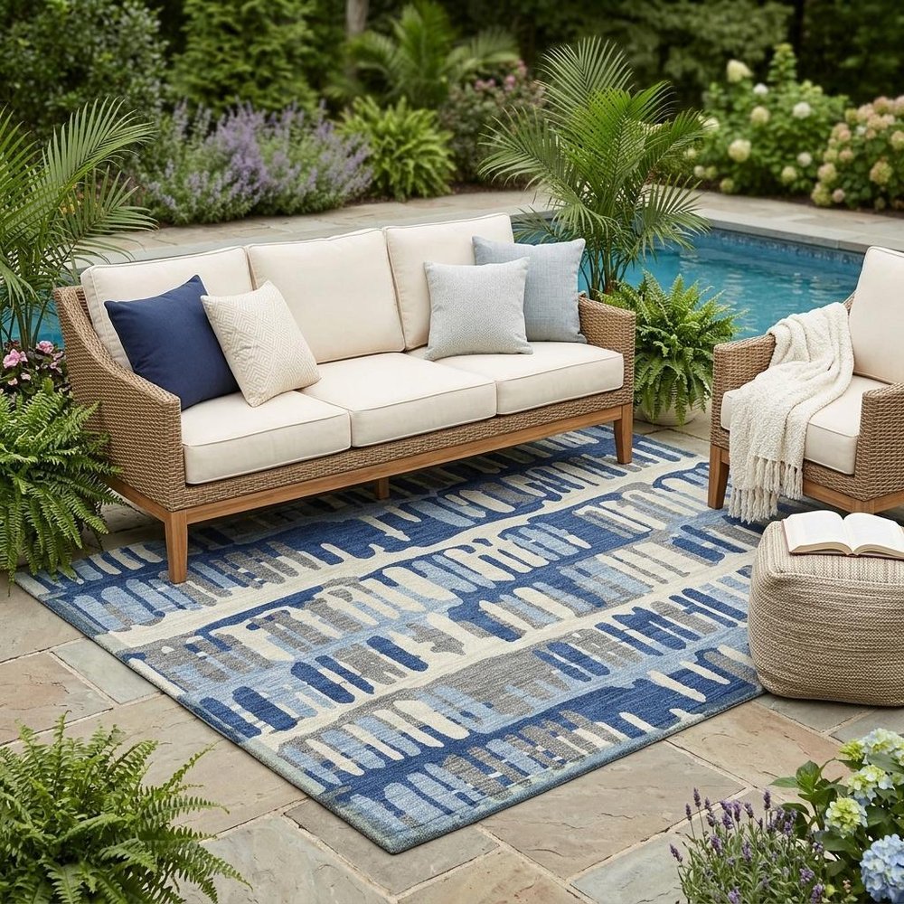 5' X 8' Navy Blue And Gray Abstract Washable Indoor Outdoor Area Rug — view 7