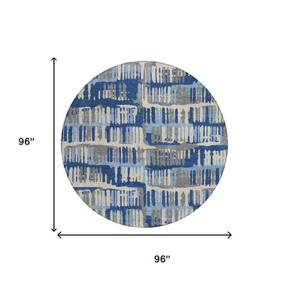 8' Navy Blue And Gray Round Abstract Washable Indoor Outdoor Area Rug