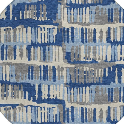 8' Navy Blue And Gray Round Abstract Washable Indoor Outdoor Area Rug HomeRoots