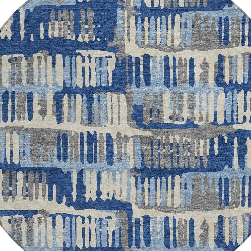 8' Navy Blue And Gray Round Abstract Washable Indoor Outdoor Area Rug — view 7