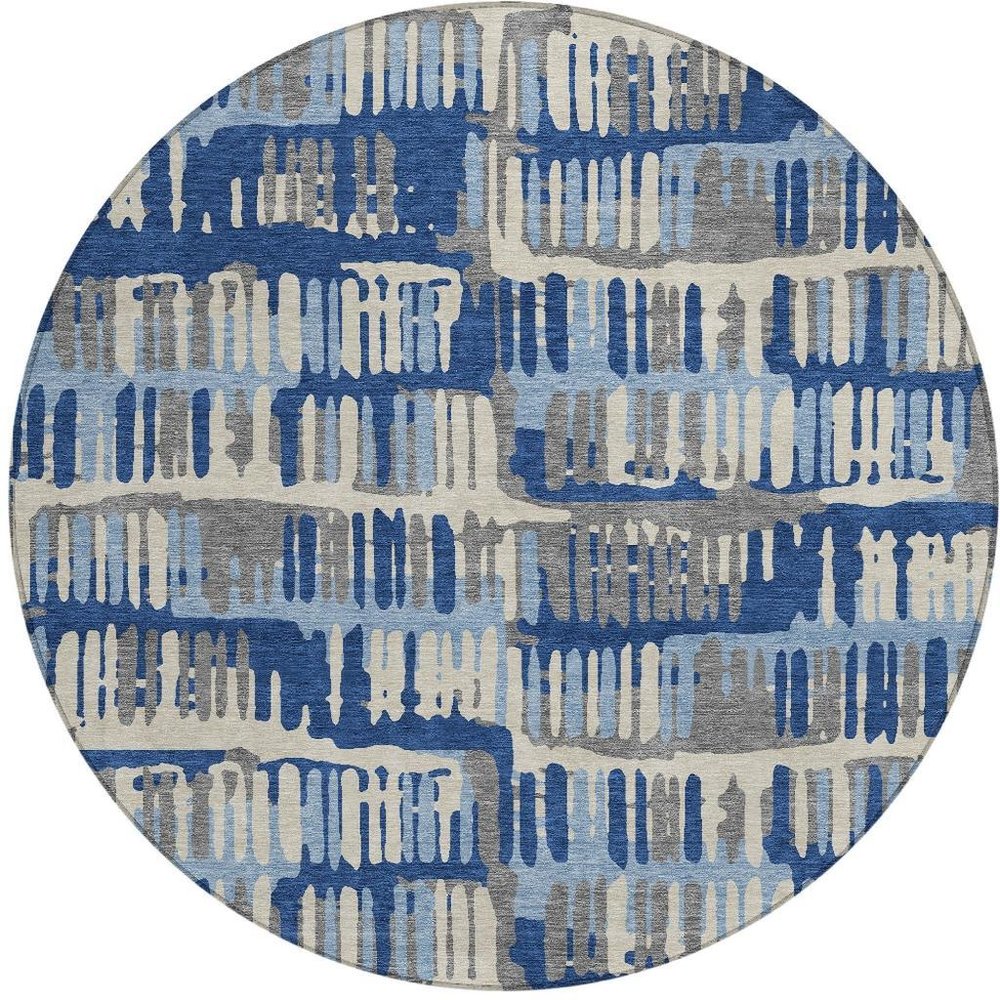 8' Navy Blue And Gray Round Abstract Washable Indoor Outdoor Area Rug — view 8