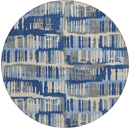 8' Navy Blue And Gray Round Abstract Washable Indoor Outdoor Area Rug
