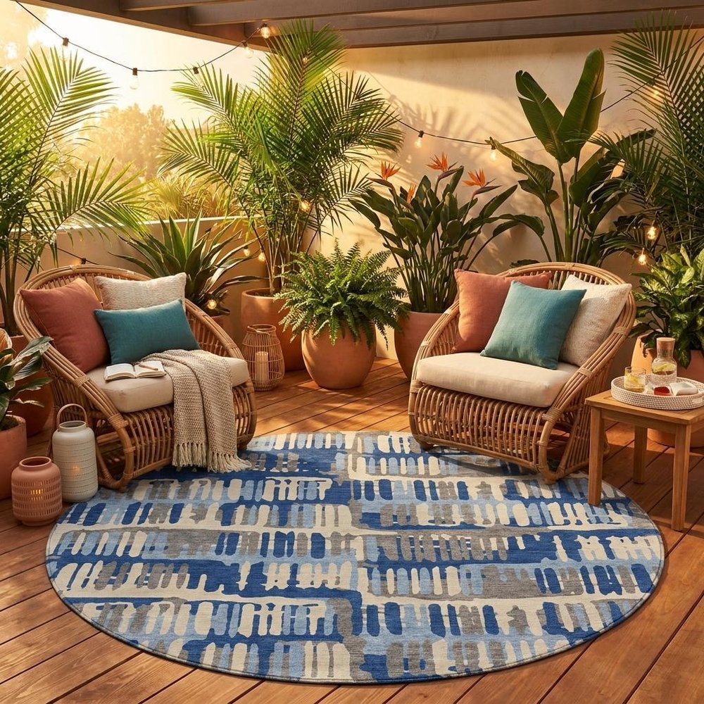 8' Navy Blue And Gray Round Abstract Washable Indoor Outdoor Area Rug — view 9