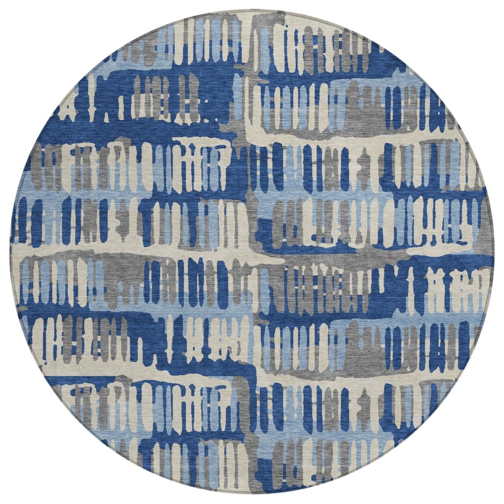 8' Navy Blue And Gray Round Abstract Washable Indoor Outdoor Area Rug — view 1