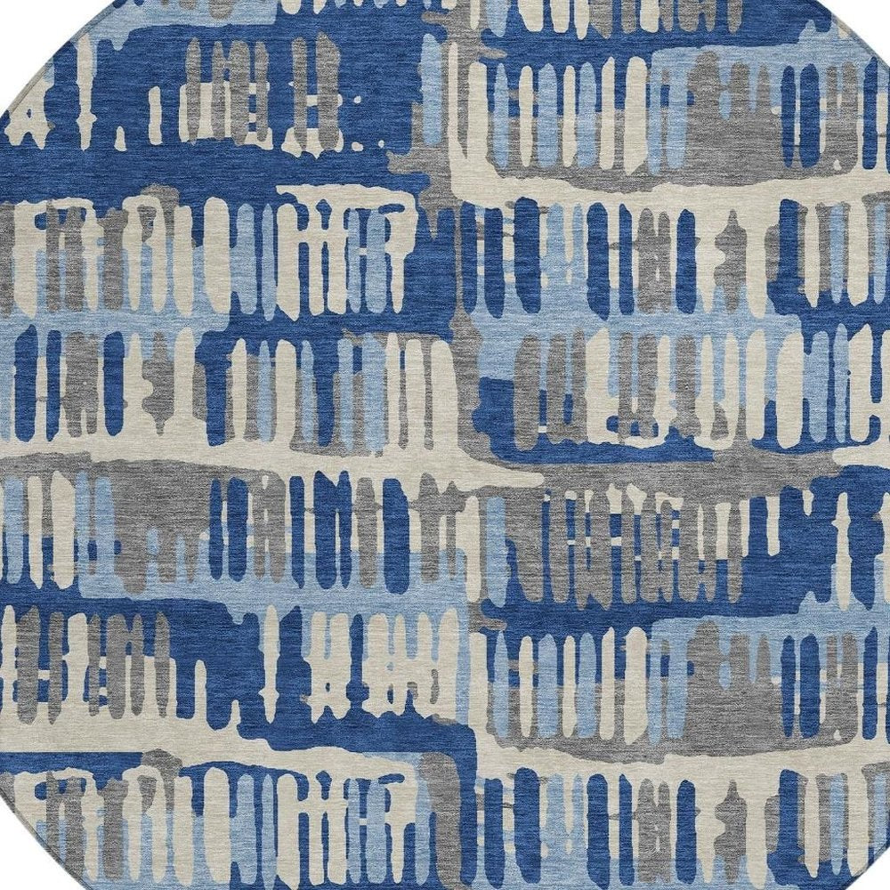 8' Navy Blue And Gray Round Abstract Washable Indoor Outdoor Area Rug