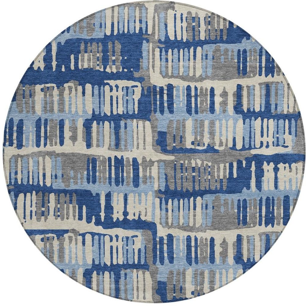 8' Navy Blue And Gray Round Abstract Washable Indoor Outdoor Area Rug — view 5