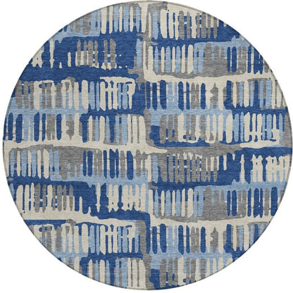 8' Navy Blue And Gray Round Abstract Washable Indoor Outdoor Area Rug HomeRoots