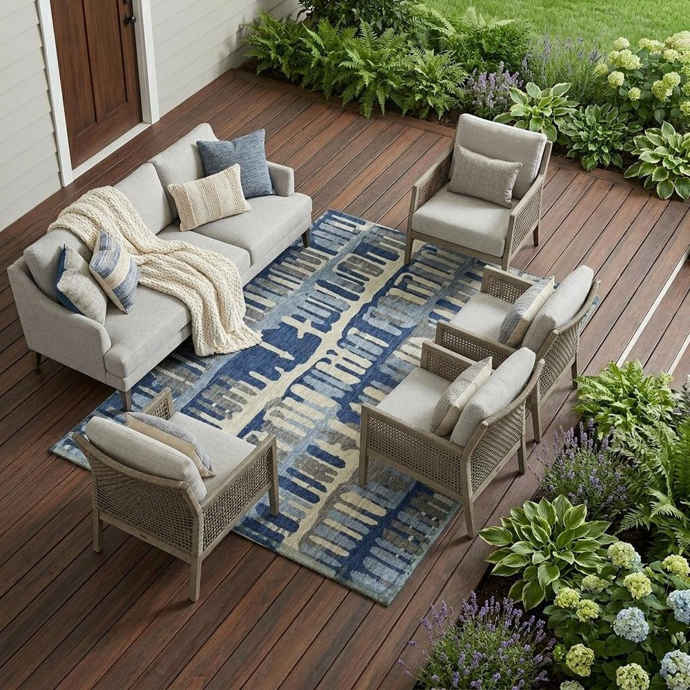 8' X 10' Navy Blue And Gray Abstract Washable Indoor Outdoor Area Rug — view 7