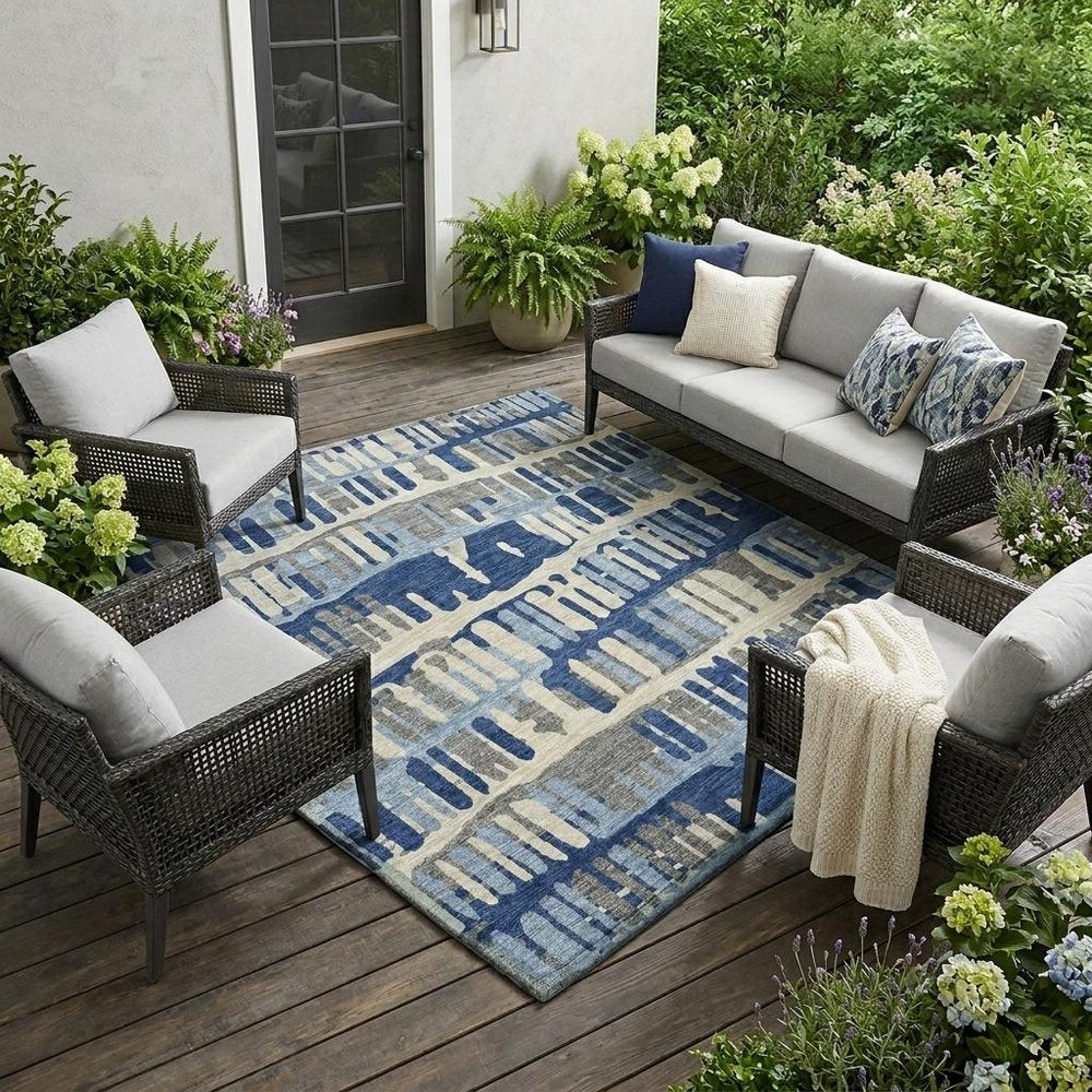 10' X 14' Navy Blue And Gray Abstract Washable Indoor Outdoor Area Rug HomeRoots