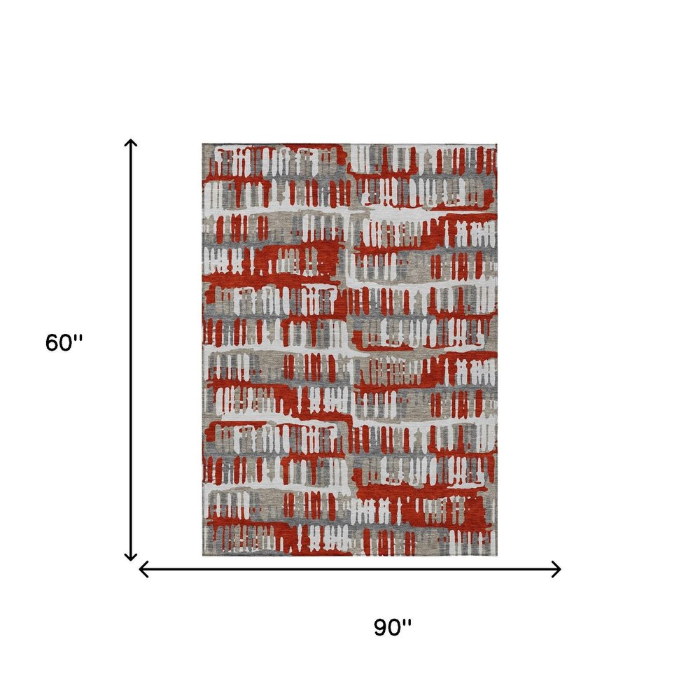 5' X 8' Red And Orange Abstract Washable Indoor Outdoor Area Rug — view 6