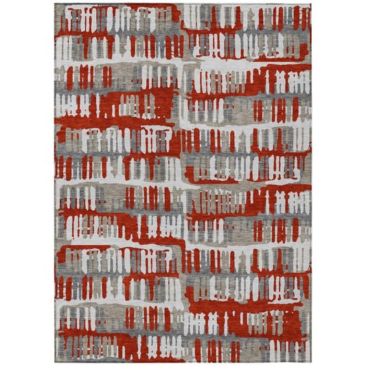 5' X 8' Red And Orange Abstract Washable Indoor Outdoor Area Rug