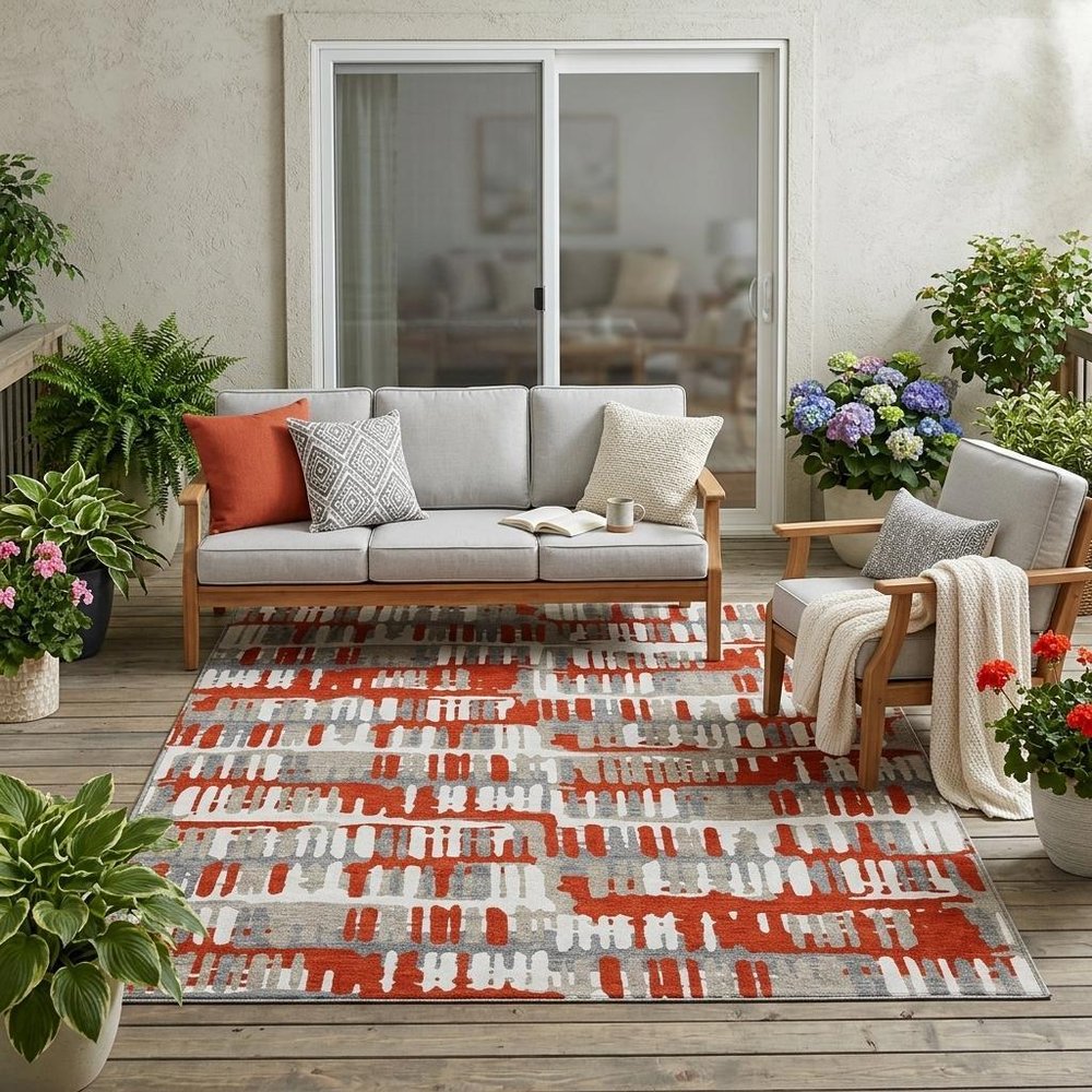 5' X 8' Red And Orange Abstract Washable Indoor Outdoor Area Rug — view 7