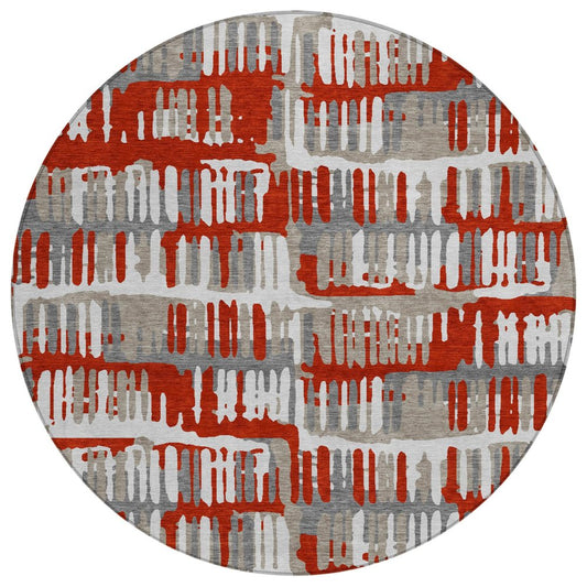 8' Red And Orange Round Abstract Washable Indoor Outdoor Area Rug